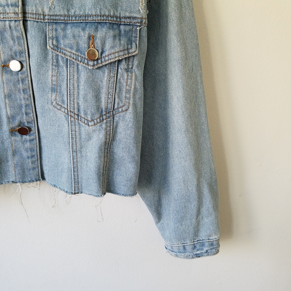 Modern Citizen Cropped Boxy Raw Hem Blue Light Wash Jacket Size Large - Picture 5 of 10